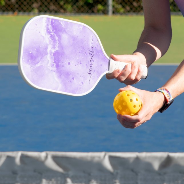Elegant Purple Marble Monogrammed Player Name Pickleball Paddle (Insitu)