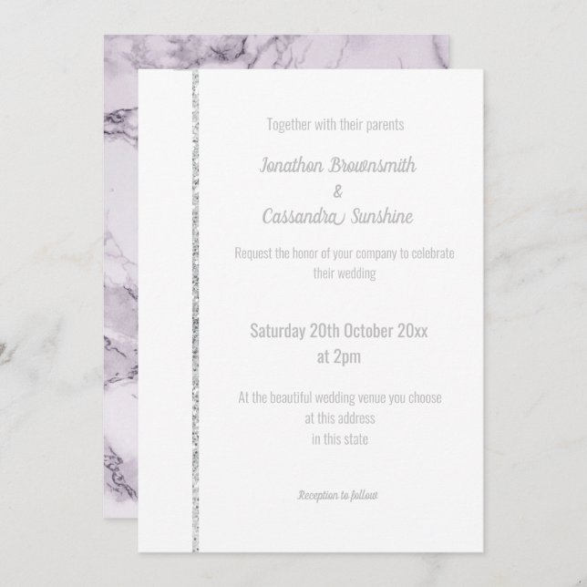 ELEGANT PURPLE MARBLE SILVER WEDDING INVITATION (Front/Back)