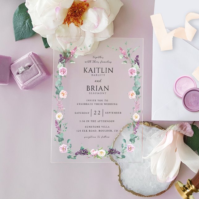 Elegant Purple, Mauve, Pastel Floral Wedding Acrylic Invitations (Creator Uploaded)