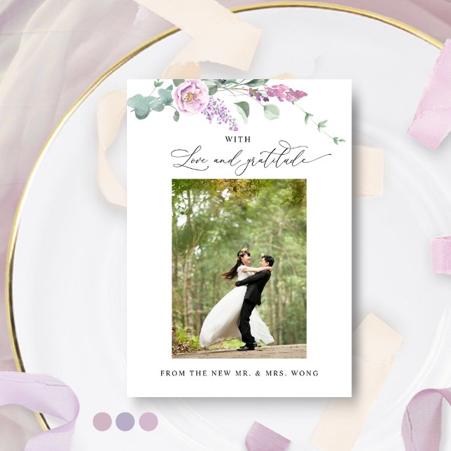 Elegant Purple, Mauve Pastel Floral Wedding Photo  Thank You Card (Creator Uploaded)