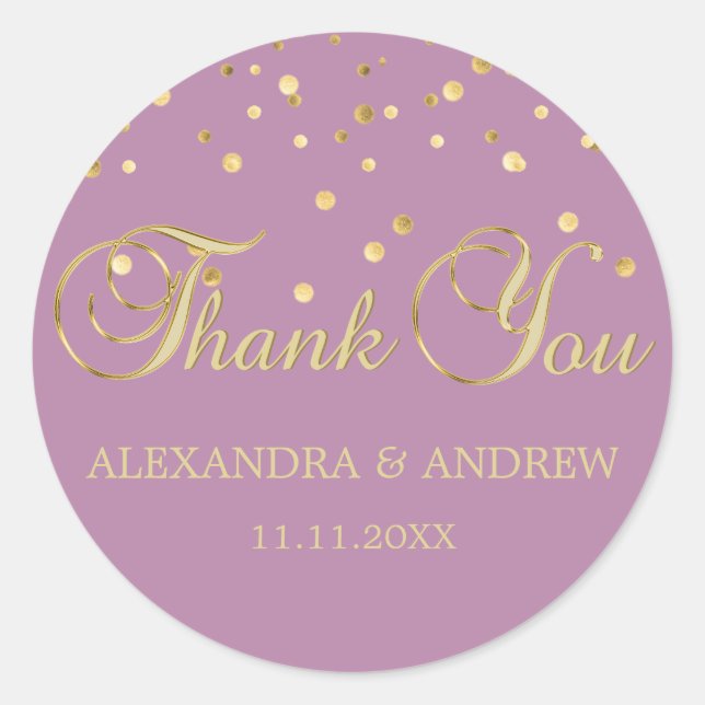 Elegant PURPLE MAUVE VIOLET Gold Wedding Thank You Classic Round Sticker (Front)