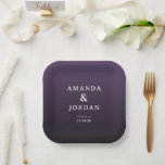 Elegant Purple Minimalist Wedding Invitation Paper Plate<br><div class="desc">These elegant wedding plates feature a sophisticated design with a gradient purple background that transitions from deep to light shades, creating a subtle depth. The layout is minimalistic and centered, showcasing clean, modern typography in a serif font that adds formality and charm. Perfect for formal occasions, the plates convey an...</div>