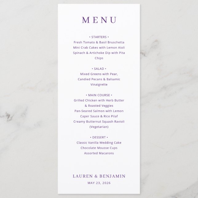 Elegant Purple Minimalist Wedding Menu (Front)