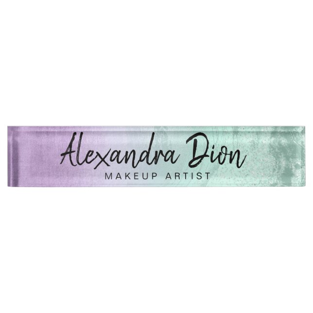 Elegant purple & mint glitter marble makeup artist nameplate (Front)
