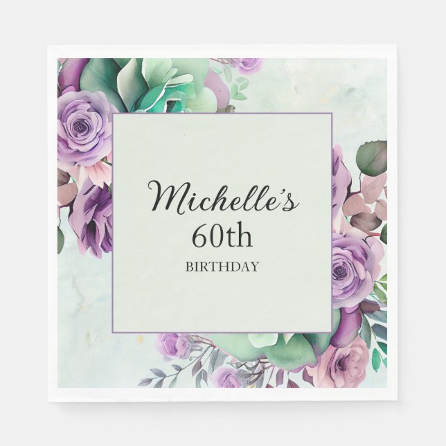 Elegant Purple Mint Green Floral 60th Birthday  Napkin (Front)