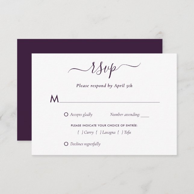Elegant Purple Modern Script Wedding RSVP Card (Front/Back)
