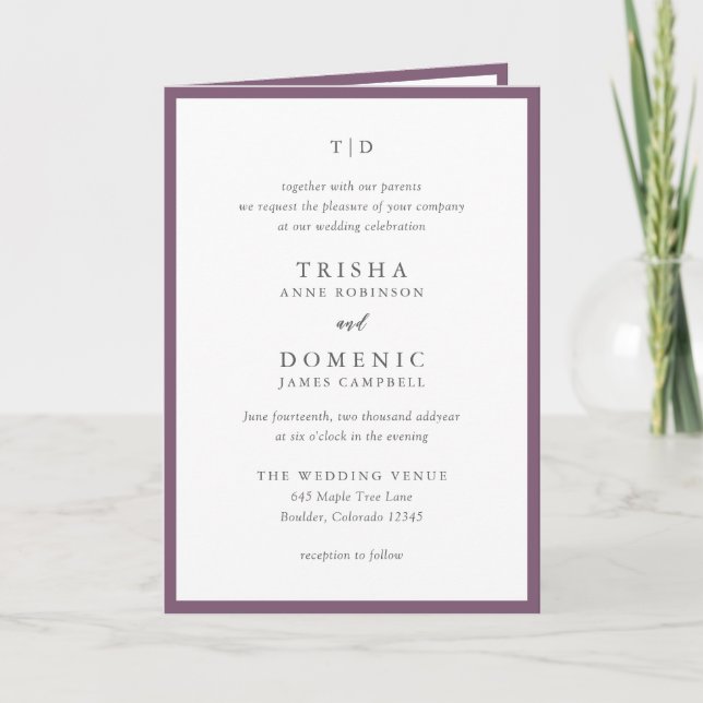 Elegant Purple Monogram Modern Wedding Invitation (Front)