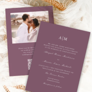Elegant Purple Monogram QR Rsvp Photo Wedding Invitation