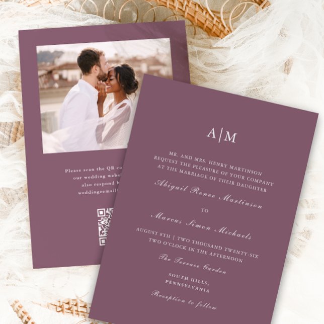 Elegant Purple Monogram QR Rsvp Photo Wedding Invitation (Creator Uploaded)