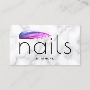 Elegant purple nail polish stroke white marble business card