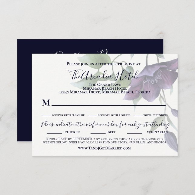Elegant Purple Navy Blue Cream Reception Dinner RSVP Card (Front/Back)