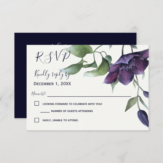 Elegant Purple Navy Blue Cream Wedding RSVP (Front/Back)