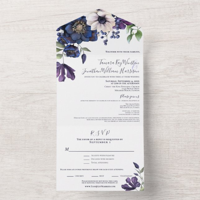 Elegant Purple Navy Blue Floral Wedding All In One Invitation (Inside)
