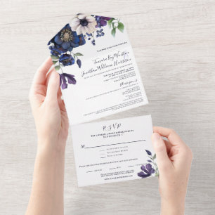 Elegant Purple Navy Blue Floral Wedding All In One Invitation