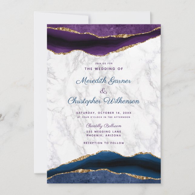 Elegant Purple Navy Gold Agate Marble Wedding Invitation (Front)