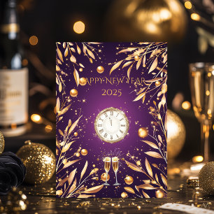 Elegant Purple New Year’s Eve with Gold foliage Invitation