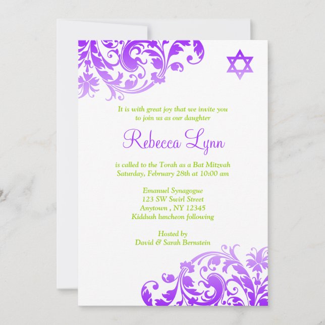 Elegant Purple Ombre Flourish Bat Mitzvah Invitation (Front)