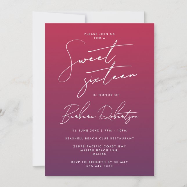 Elegant Purple Ombre Script Sweet Sixteen Invitation (Front)