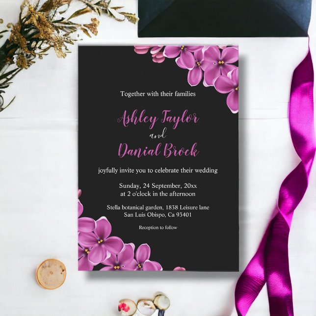 Elegant Purple Orchid Flower Black Floral Wedding Invitation (Creator Uploaded)