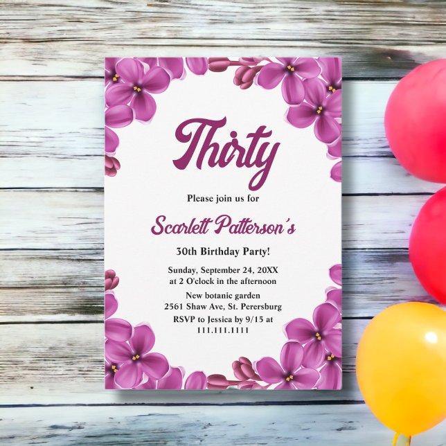 Elegant Purple Orchid Roses Floral 30th Birthday Invitation (Creator Uploaded)