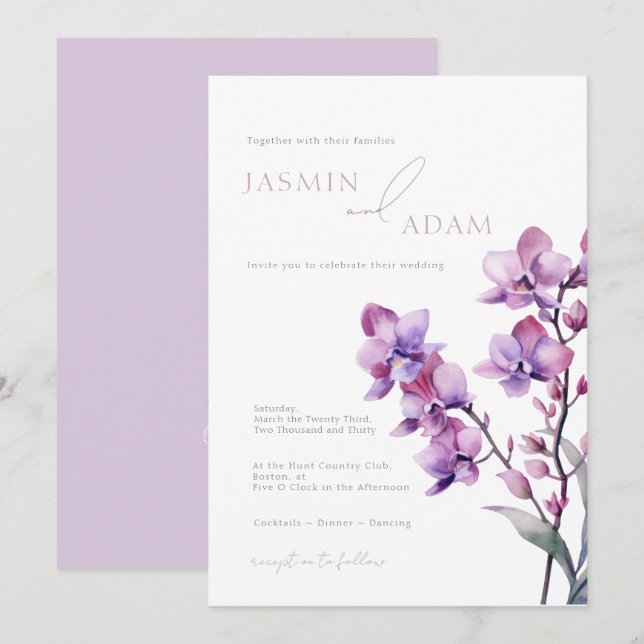 Elegant Purple Orchid Wedding Invitation (Front/Back)
