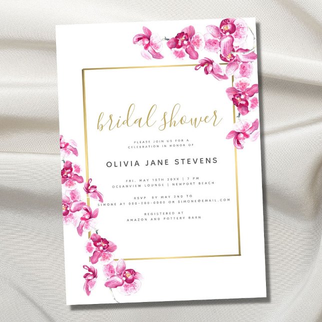 Elegant Purple Orchids Gold Frame Bridal Shower Invitation (Creator Uploaded)