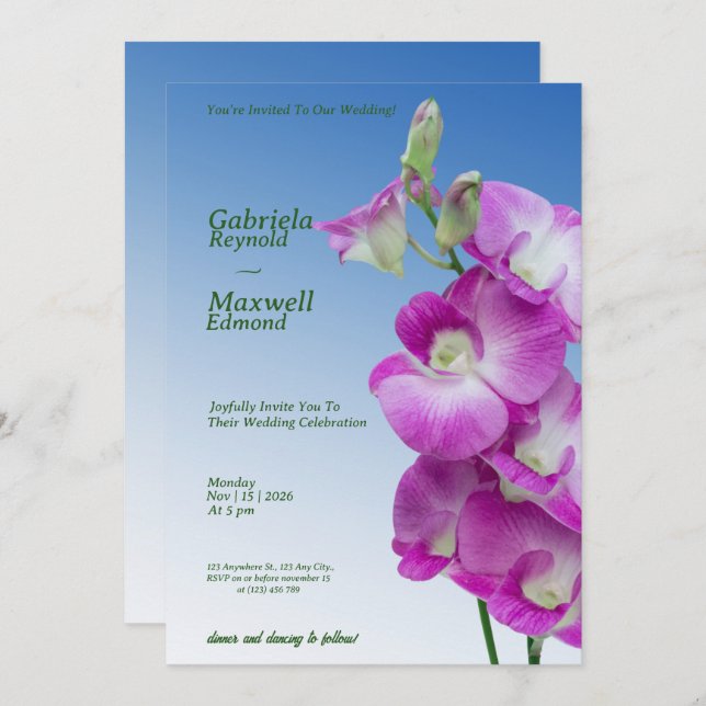 Elegant Purple Orchids Wedding Invitation (Front/Back)