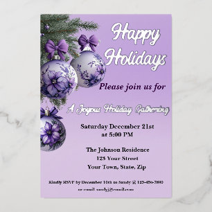 Elegant Purple Ornament Foil Holiday Invitation