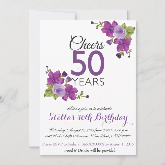 Elegant Purple Paint Flower 50th Birthday Invite (Front)