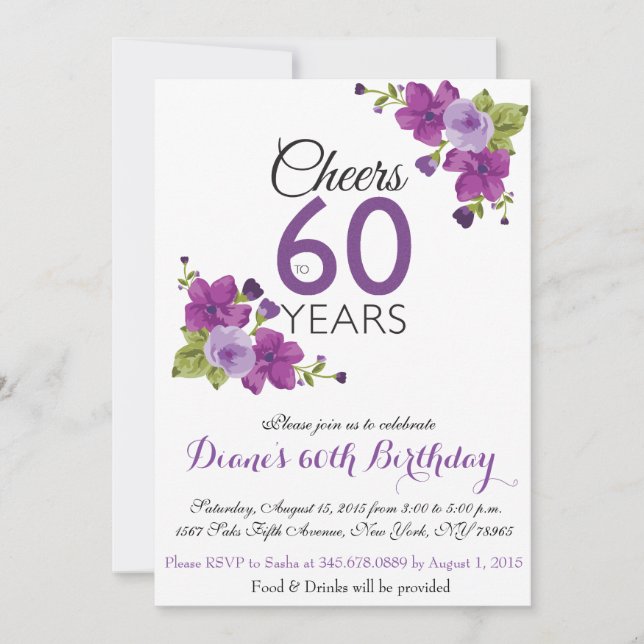 Elegant Purple Paint Flower 60th Birthday Invite (Front)