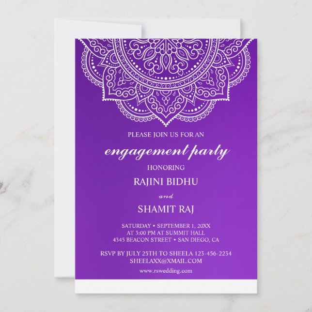 Elegant Purple Paisley Indian Engagement Party Invitation (Front)