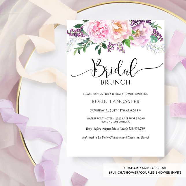 Elegant Purple Pastel Floral Bridal Shower /Brunch Invitation (Creator Uploaded)