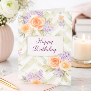 Elegant Purple Peach Floral Green Chevron Birthday Card