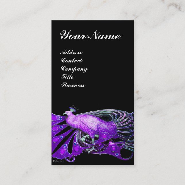 ELEGANT PURPLE PEACOCK ,black Business Card (Front)