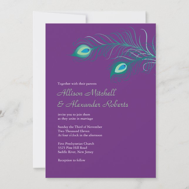 Elegant Purple Peacock Feathers Wedding Invitation (Front)