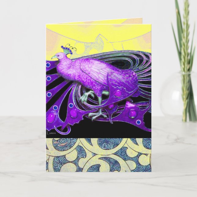 ELEGANT PURPLE PEACOCK WITH GEOMETRIC SWIRLS HOLIDAY CARD (Front)