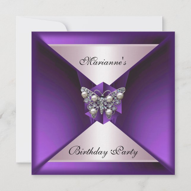 Elegant Purple Pearl Jewel Birthday Silver & White Invitation (Front)