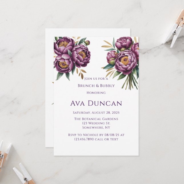 Elegant Purple Peonies Brunch & Bubbly Invitation (Front/Back In Situ)