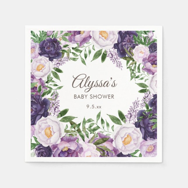 Elegant Purple Peonies Floral Girl Baby Shower  Napkin (Front)