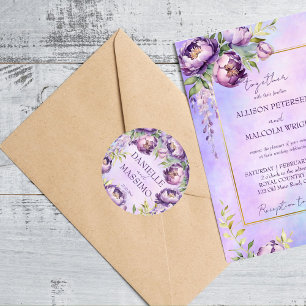 Elegant purple peonies lilac wisteria wedding classic round sticker