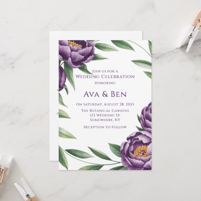 Elegant Purple Peonies Watercolor Wedding  Invitation (Front/Back In Situ)