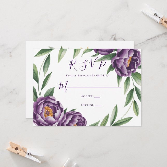 Elegant Purple Peonies Wedding RSVP Card (Front/Back In Situ)