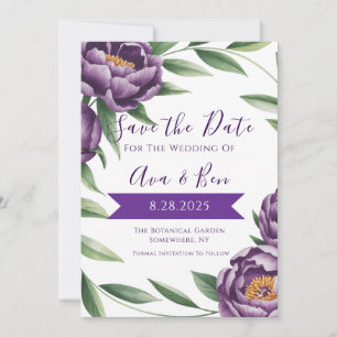 Elegant Purple Peonies Wedding Save the Date Card