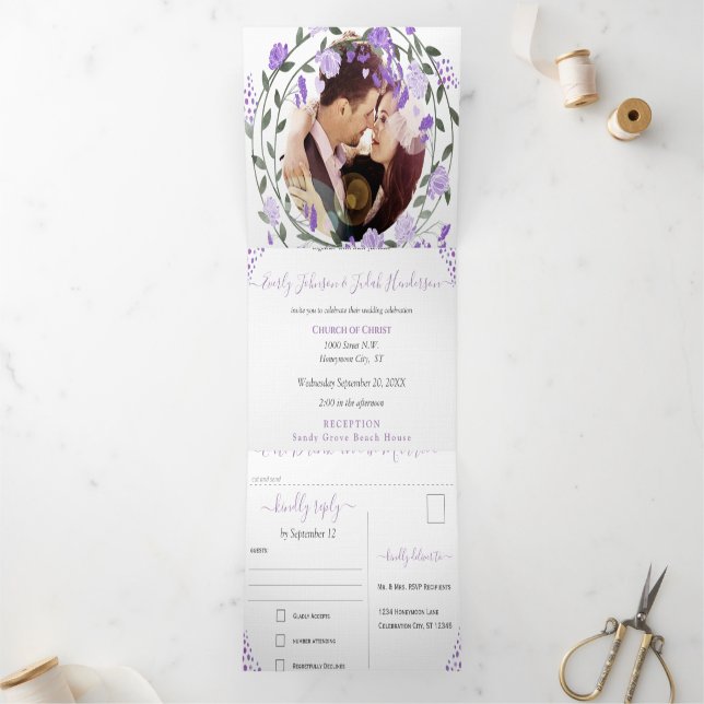 Elegant Purple Peony Floral Wedding  Tri-Fold Invi Invitation (Inside)