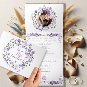 Elegant Purple Peony Floral Wedding  Tri-Fold Invi Invitation