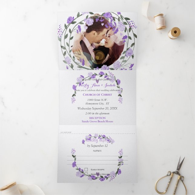 Elegant Purple Peony Floral Wedding Tri-Fold Invitation (Inside)