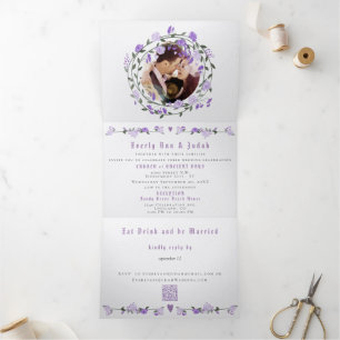 Elegant Purple Peony Floral Wedding Tri-Fold Invitation