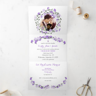 Elegant Purple Peony Floral Wedding Tri-Fold Invitation