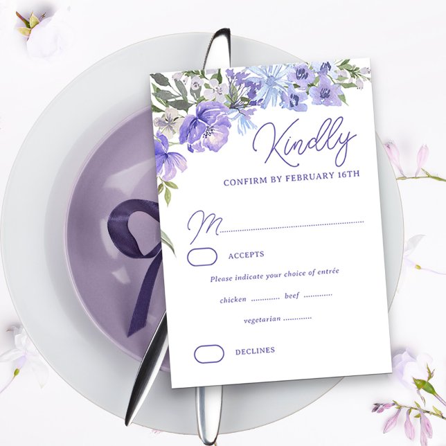 Elegant Purple Peri Floral Entree Selection RSVP Card (Purple floral response card with editable rsvp deadline date and entree selections)