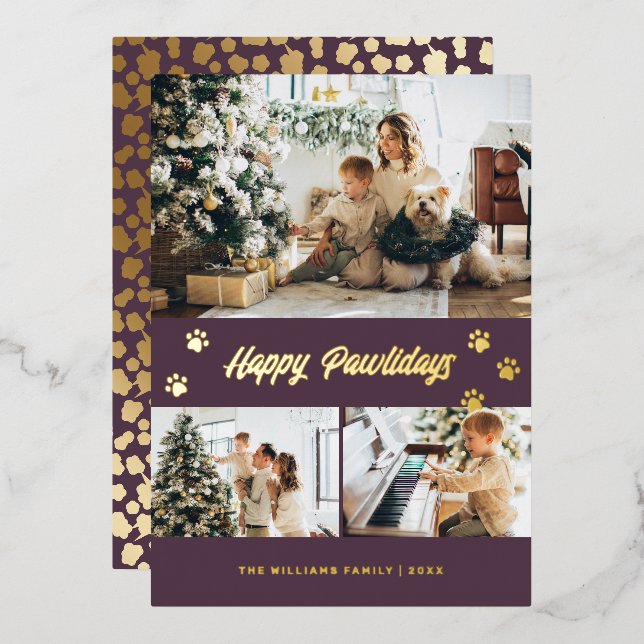 Elegant Purple Photo Happy Pawlidays Gold (Front/Back)